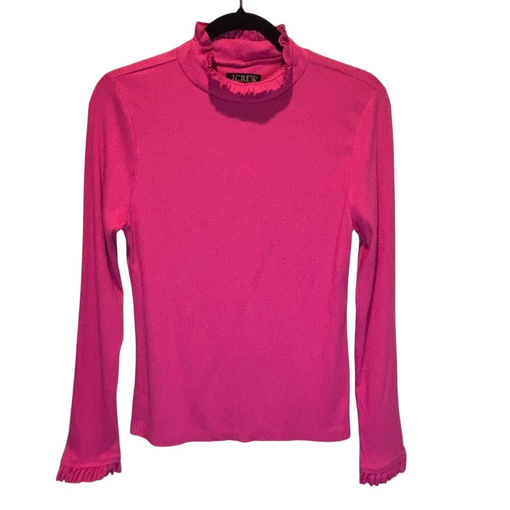 J. Crew Hot Pink Ribbed Ruffle Trim Long Sleeve Top - size Large